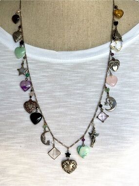 OOAK Sterling Silver Celestial Charm Necklace | Hearts, Moons & Gemstones